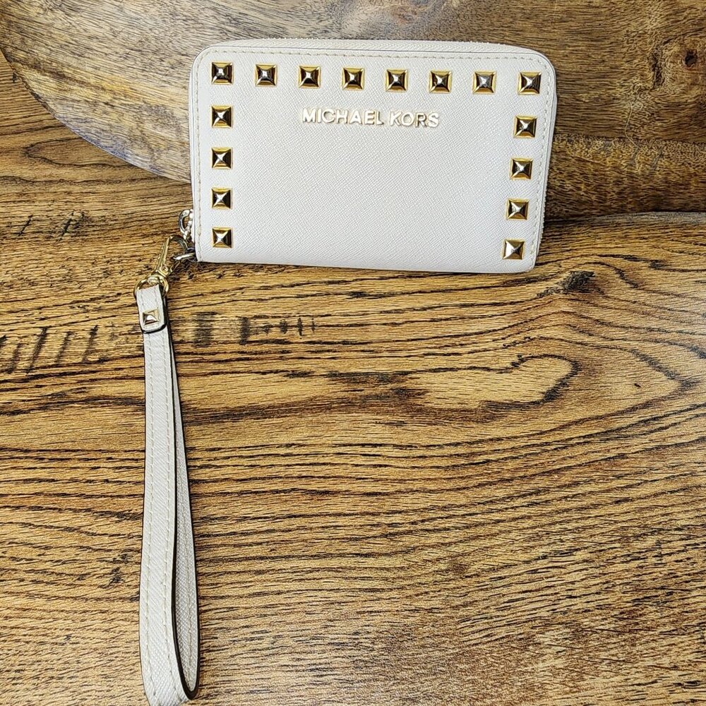 Michael Kors Studded Zip-Around Wristlet Wallet Beige Gold Accents Faux Leather